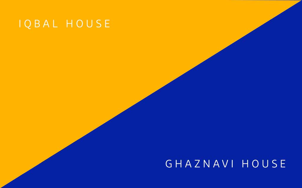 A graphic with two colored halves, the left in yellow with the text 'IQBAL HOUSE' and the right in blue with the text 'GHAZNAVI HOUSE,' divided by a diagonal line.